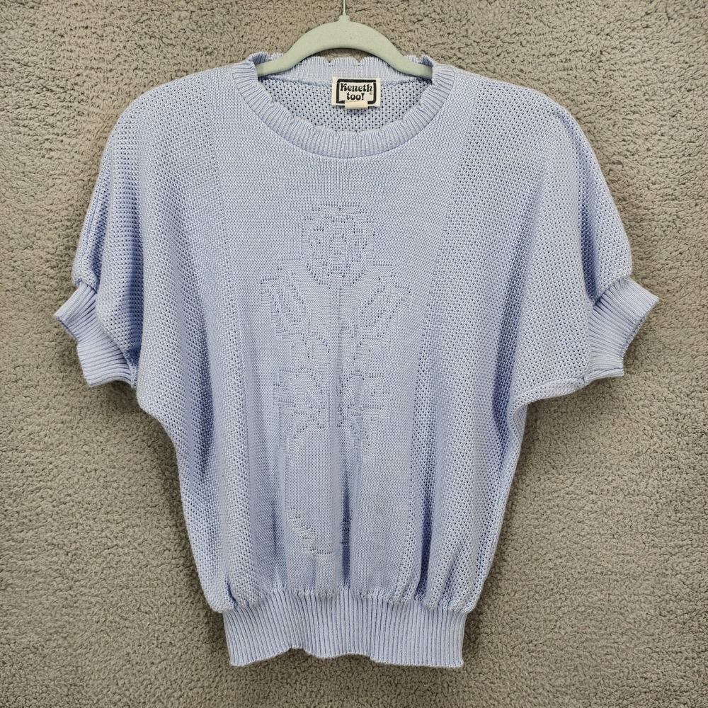 Keneth Too! Vintage Women Light Blue Pointelle Rose Short Sleeve Sweater Small